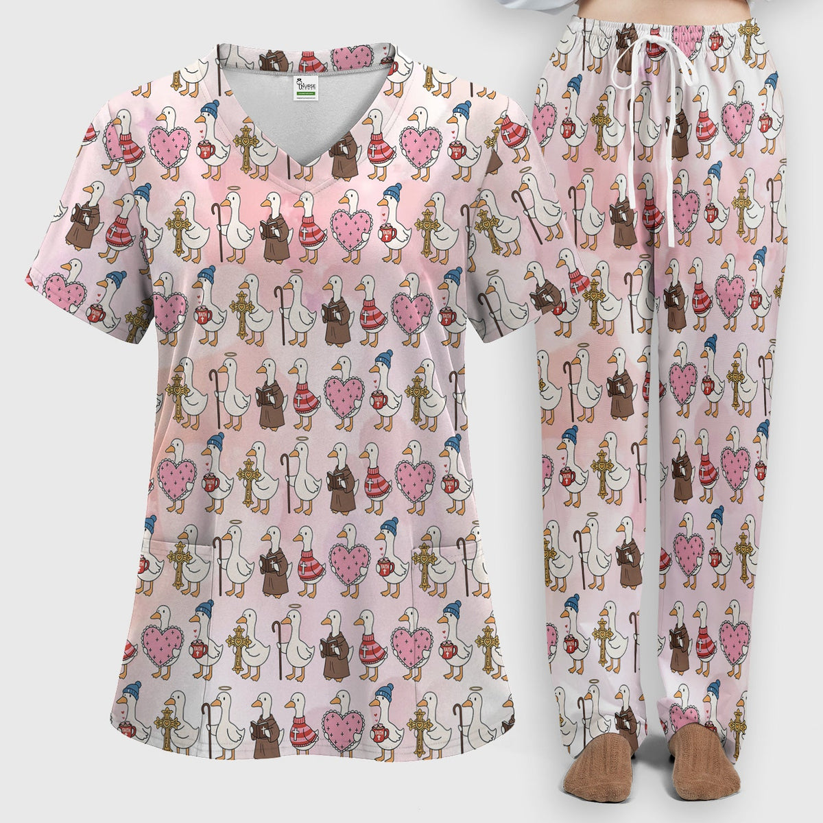 Goose Heart Illustration Nurse Scrub Set - Valentines Day Gift