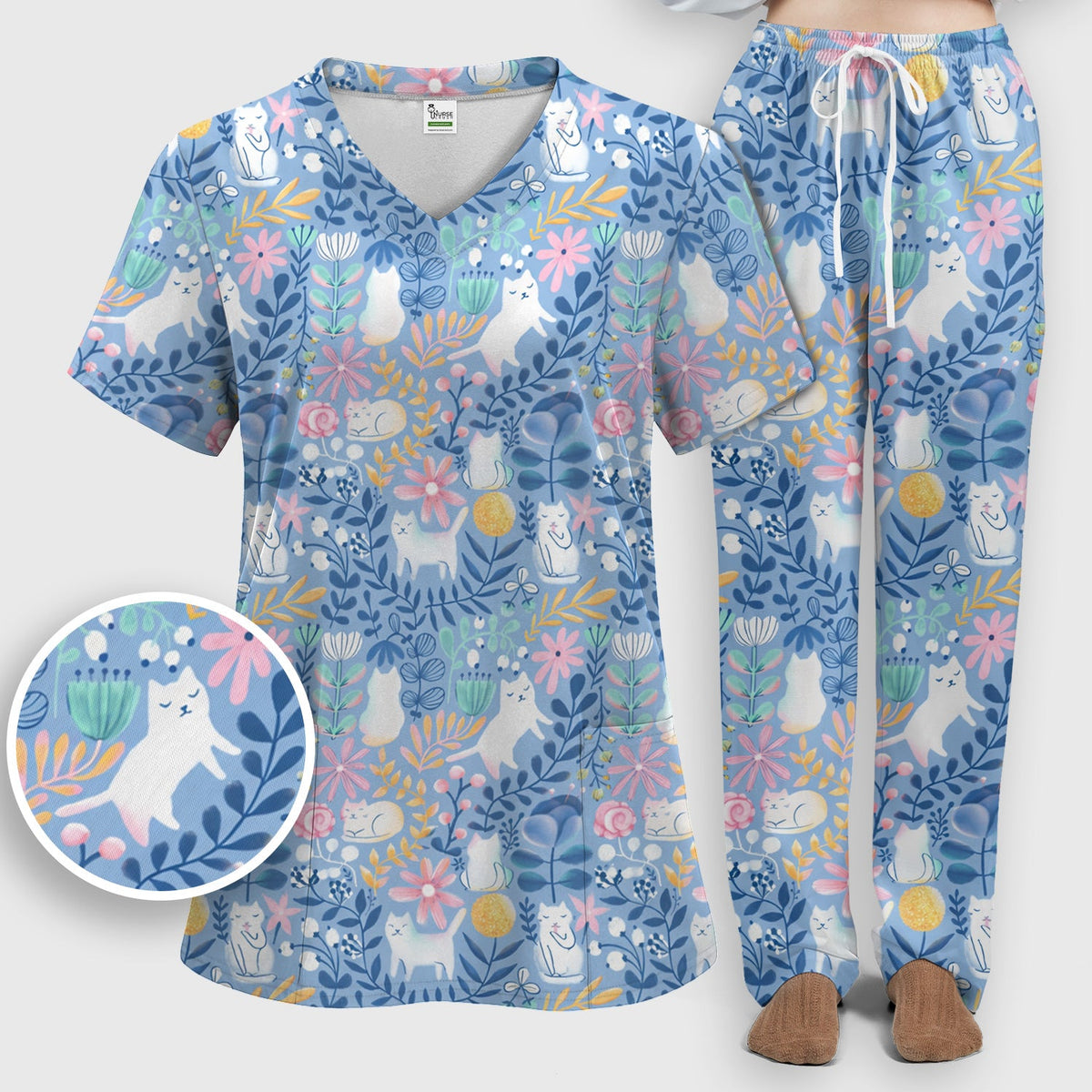 Whimsical Cat Floral Nurse Scrub Set