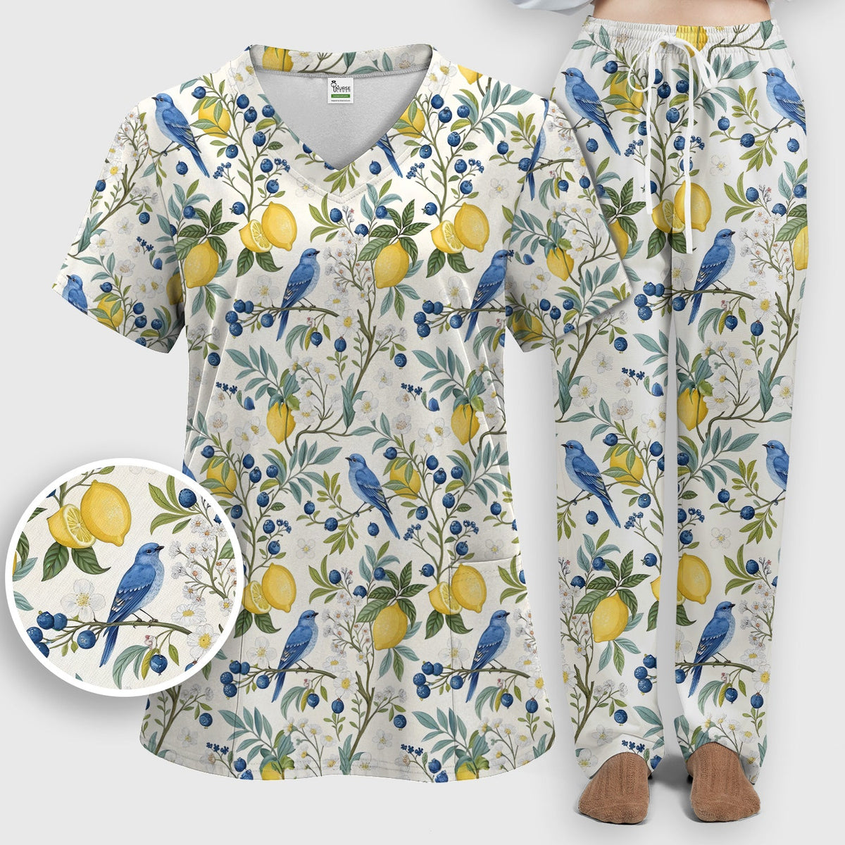 Cute Bluebird Lemon Berry Nurse Scrub Set