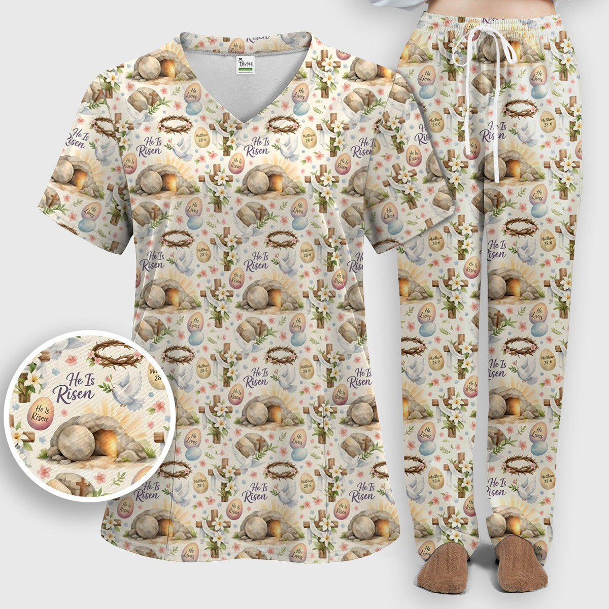Risen Cross Tomb Lily Nurse Scrub Set - Easter Gift