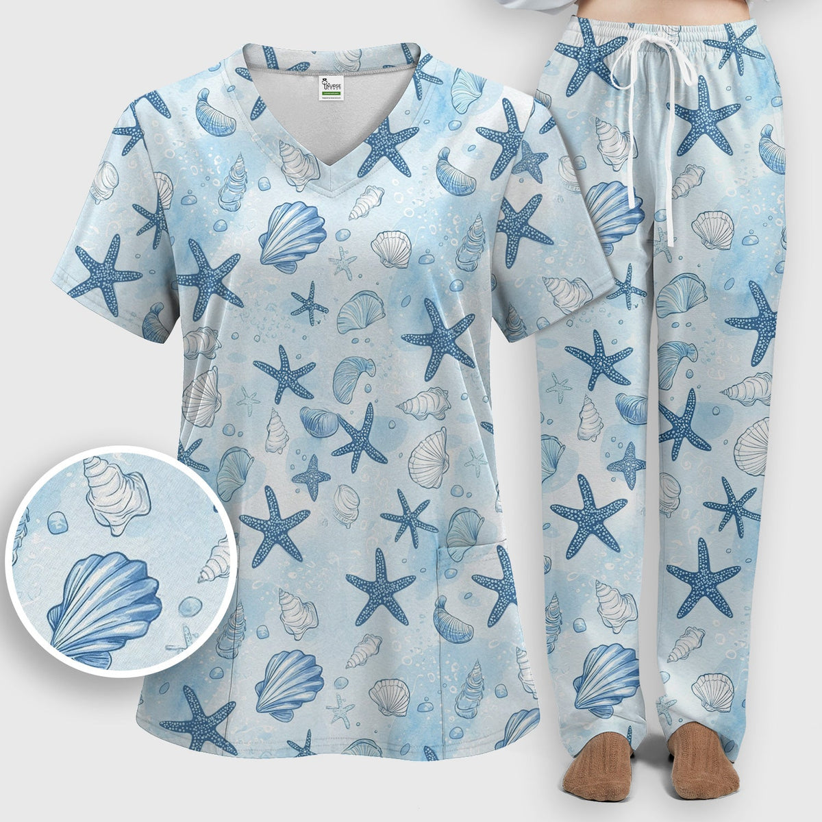 Blue Sea Shells Starfish Nurse Scrub Set