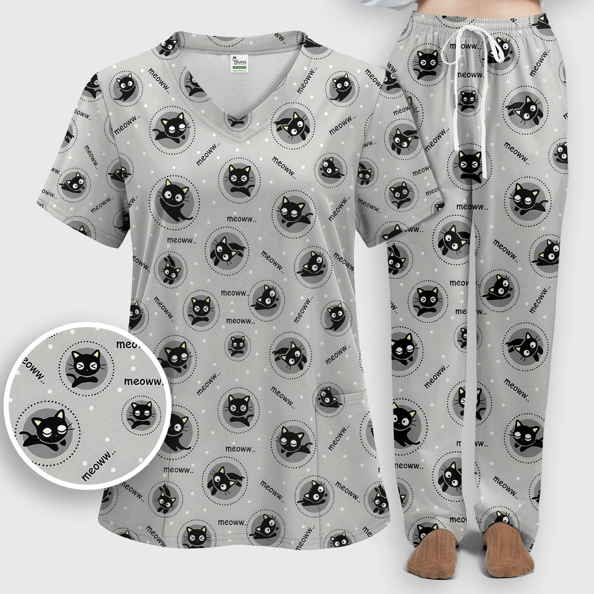 Black Cat Meow Nurse Scrub Set
