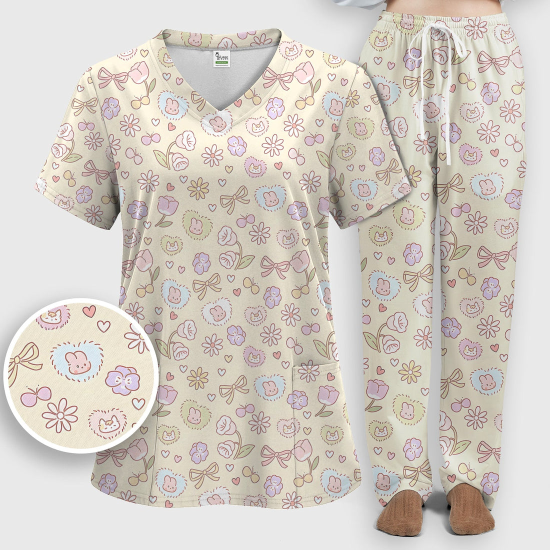 Pastel Bunny Flower Heart Nurse Scrub Set