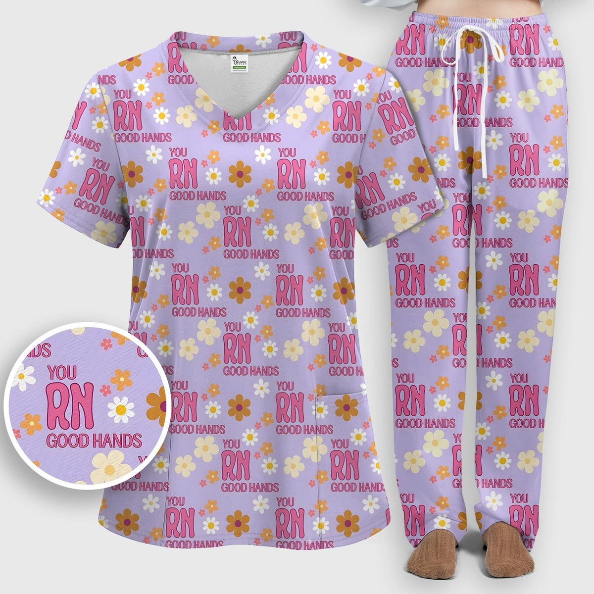 You RN Good Hands Floral Daisy Nurse Scrub Set