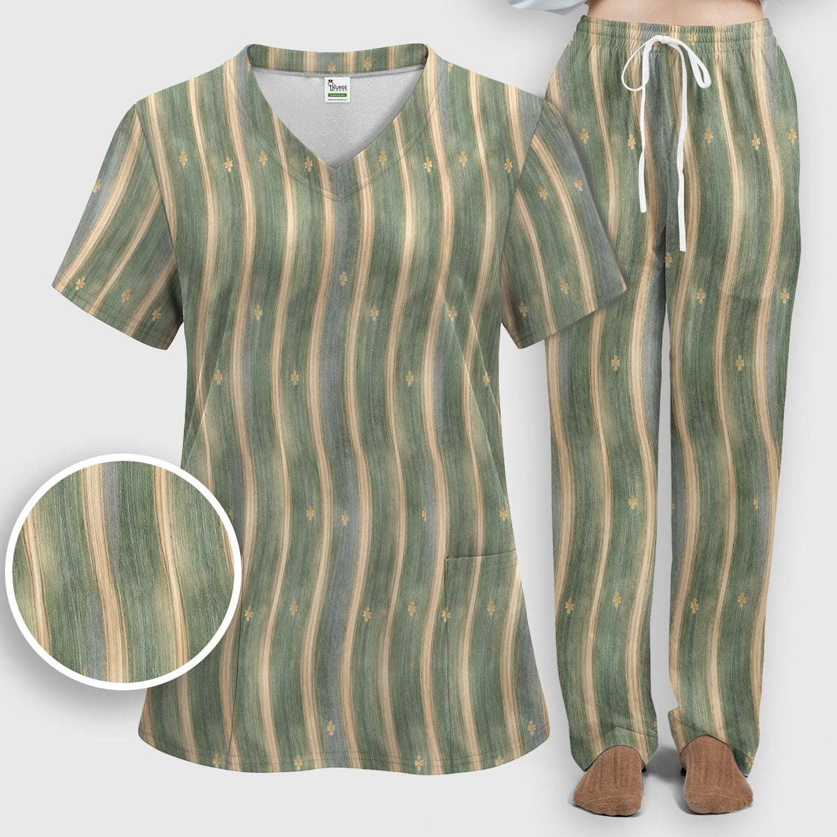 Nurse Green Vertical Stripe Floral Scrub Set