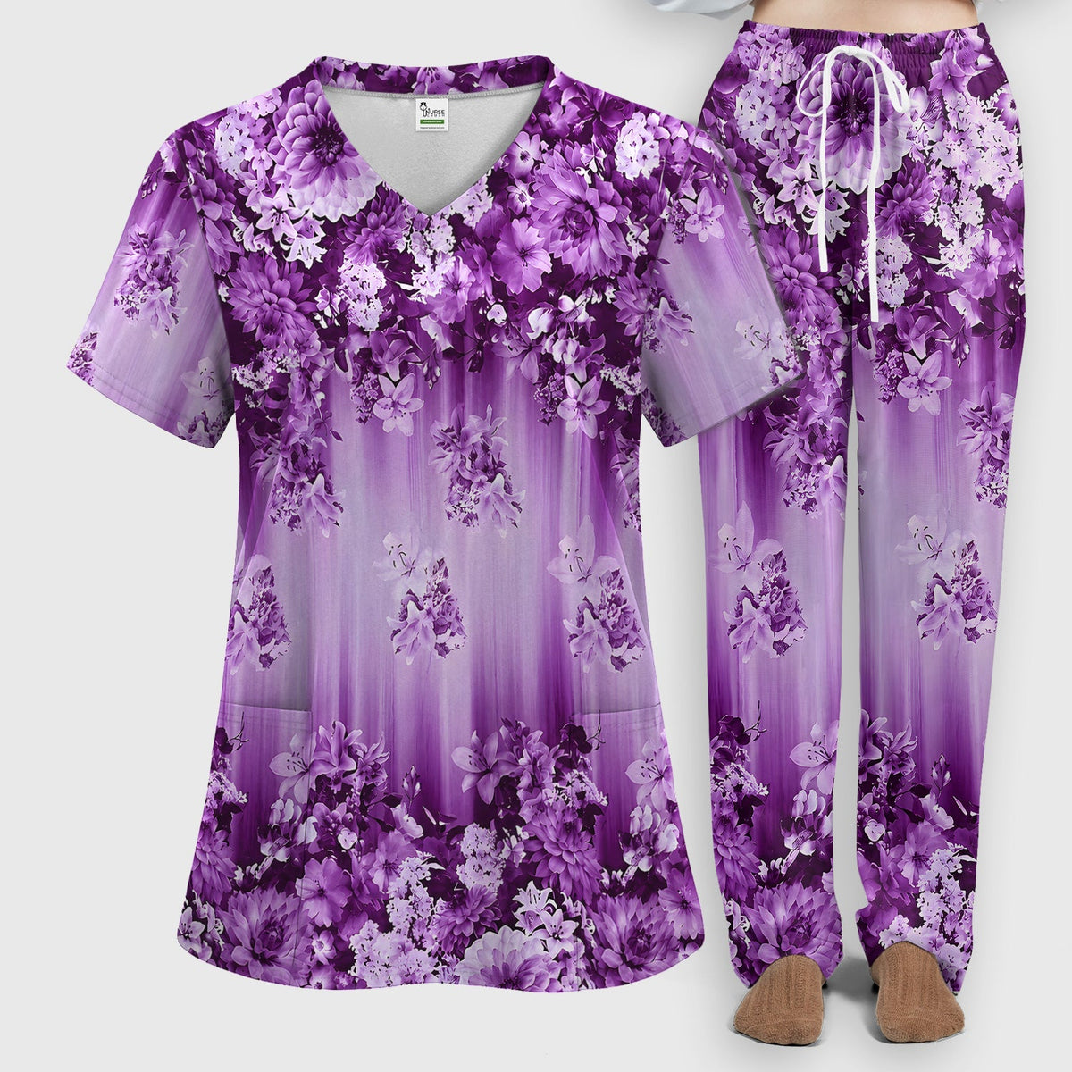 Purple Blossom Garden Pattern Scrub Set, Scrub Pants and V Neck Top