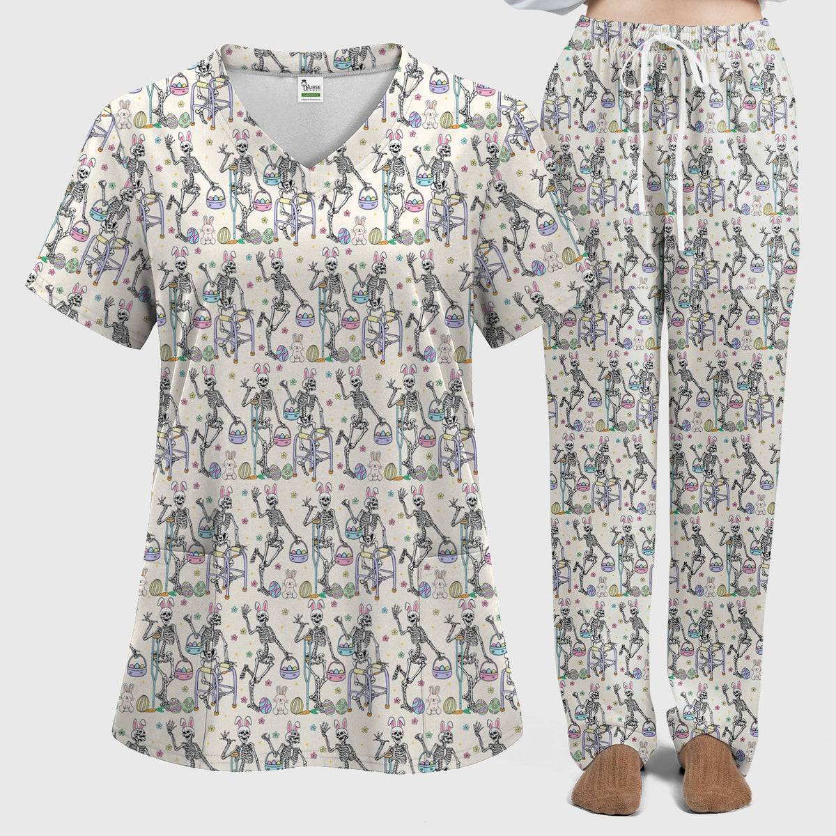 Fun Skeleton Bunny Nurse Scrub Set - Easter Gift