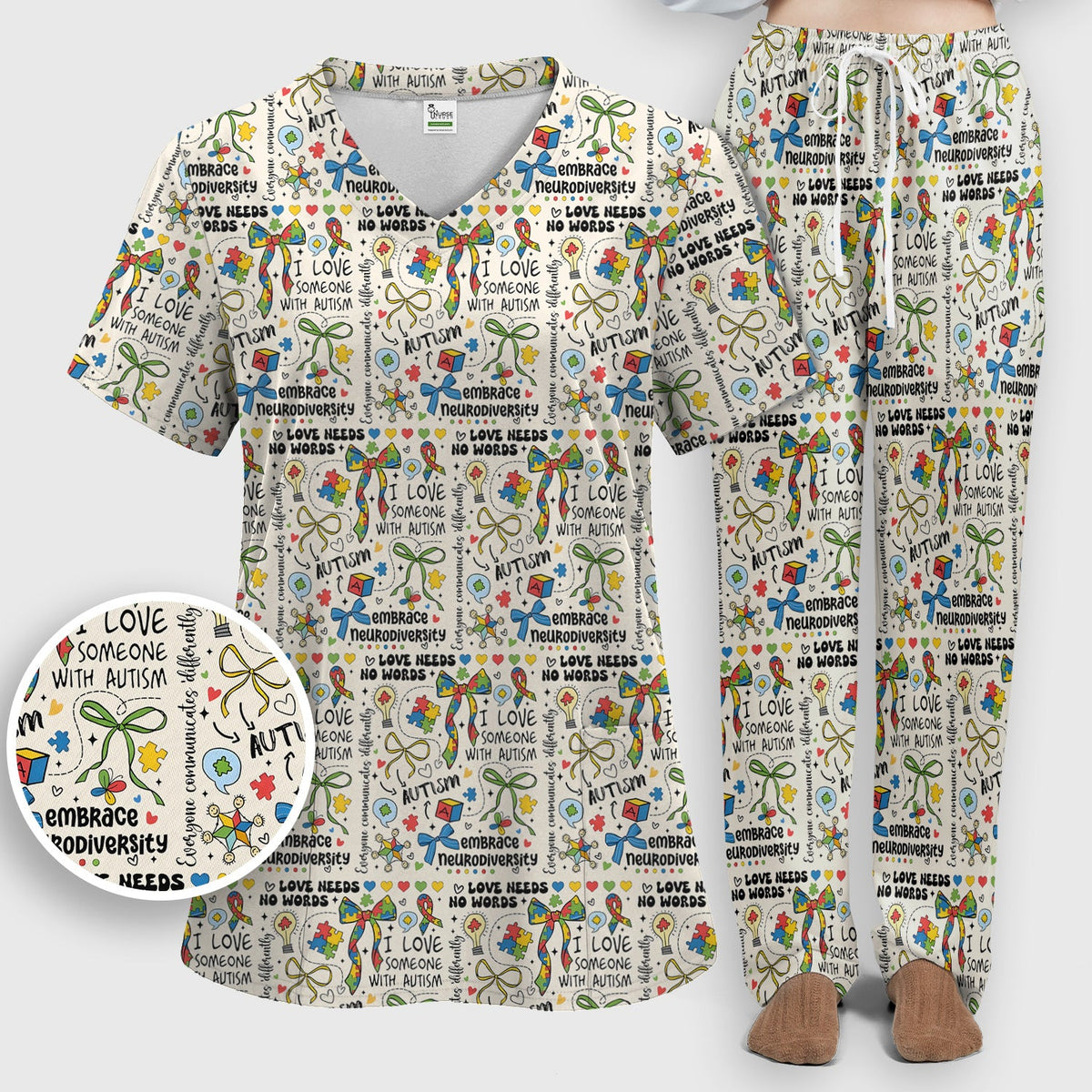 Autism Awareness Puzzle Ribbon Pastel Nurse Scrub Set