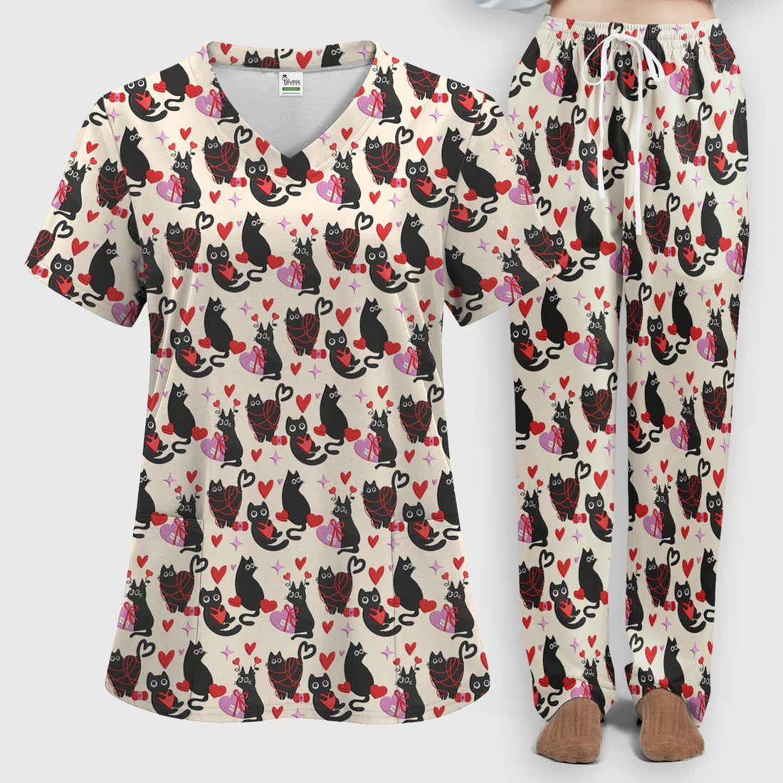 Valentine's Day Black Cat Heart Nurse Scrub Set