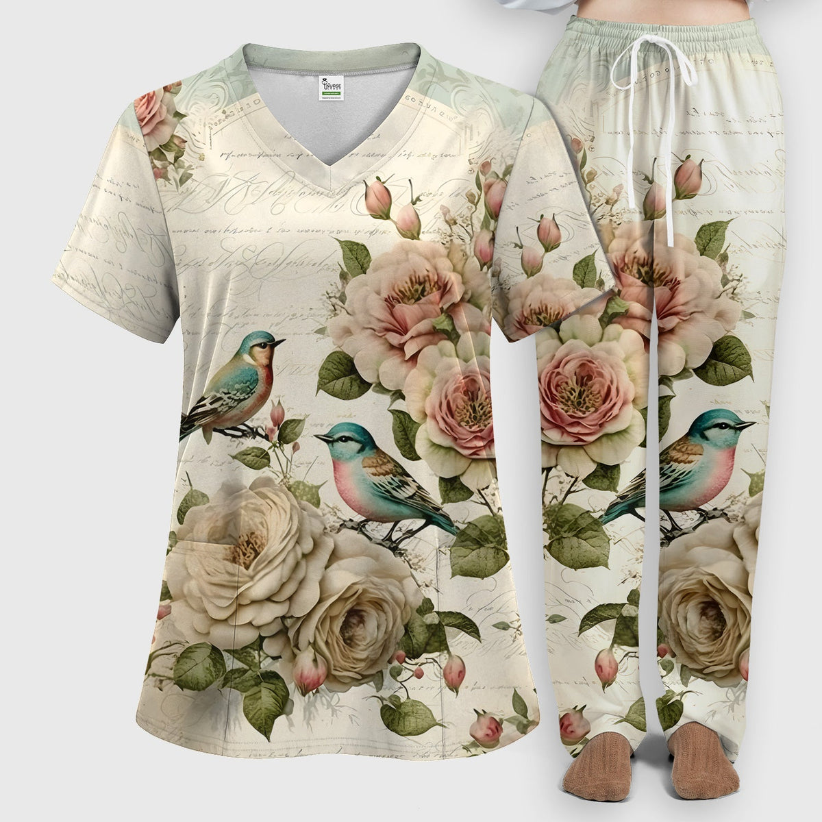 Vintage Birds Rose Nurse Scrub Set