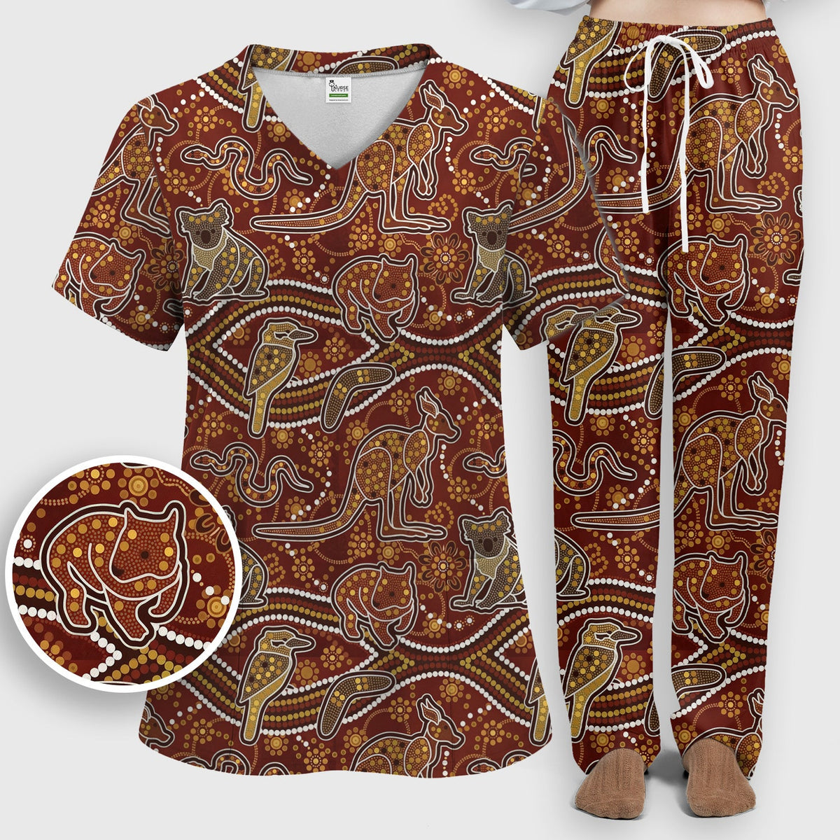 Australian Kangaroo Koala Aboriginal Nurse Scrub Set