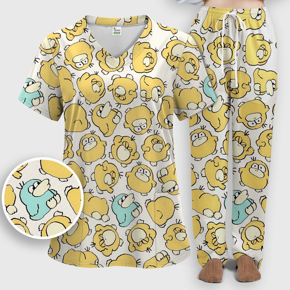 Yellow Cartoon Duck Nurse Scrub Set