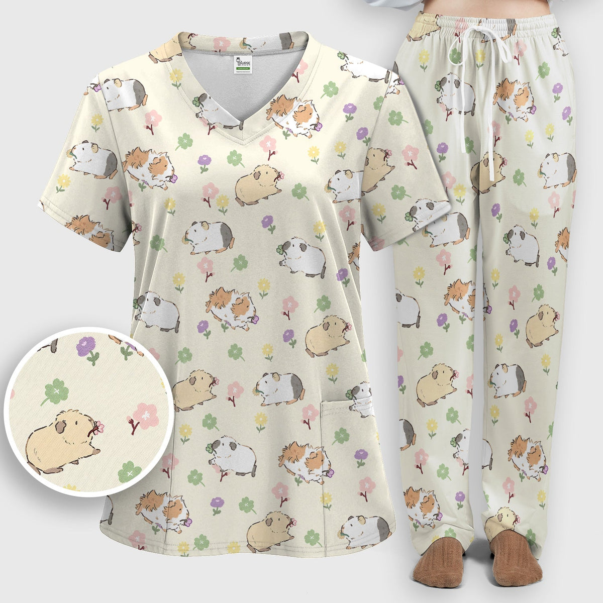 Cozy Guinea Pig Floral Doodle Nurse Scrub Set