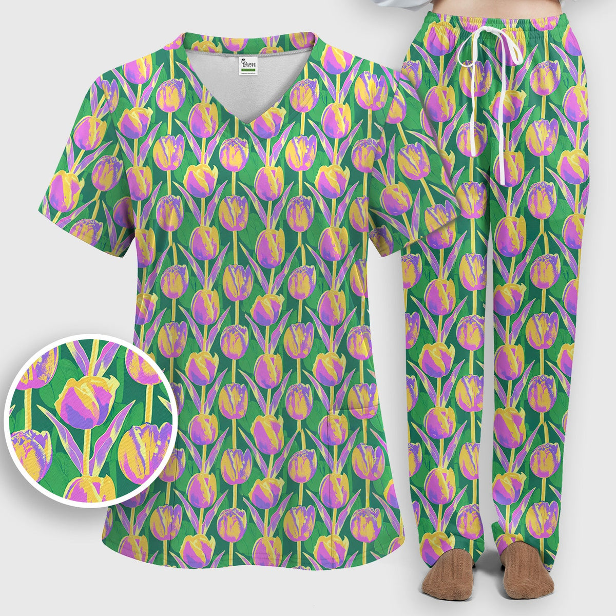 Colorful Tulip Floral Nurse Scrub Set