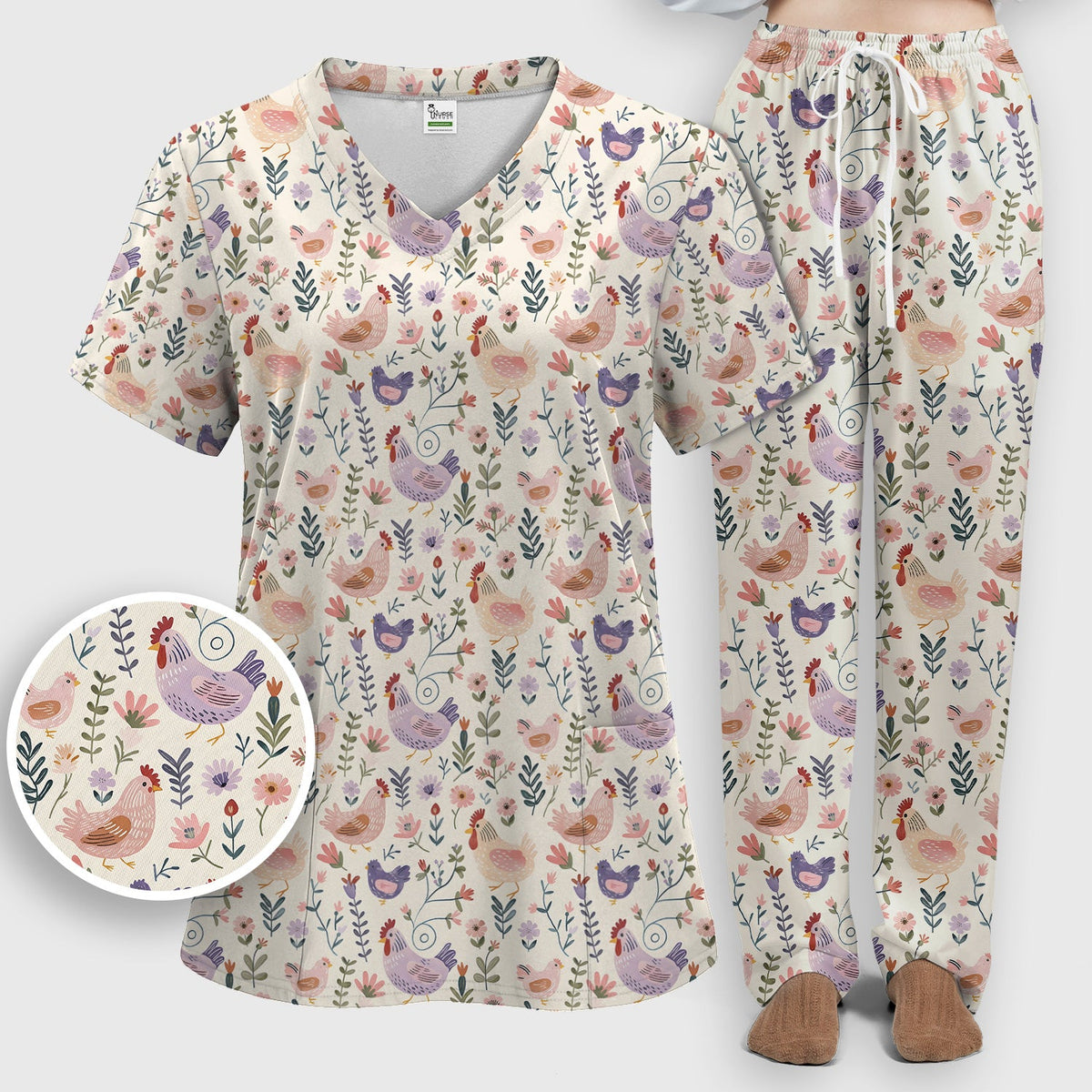 Farm Chicken Floral Garden Nurse Scrub Set