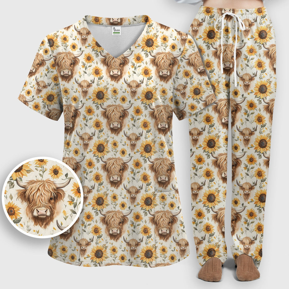 Highland Cow Sunflower Rustic Farmhouse Nurse Scrub Set