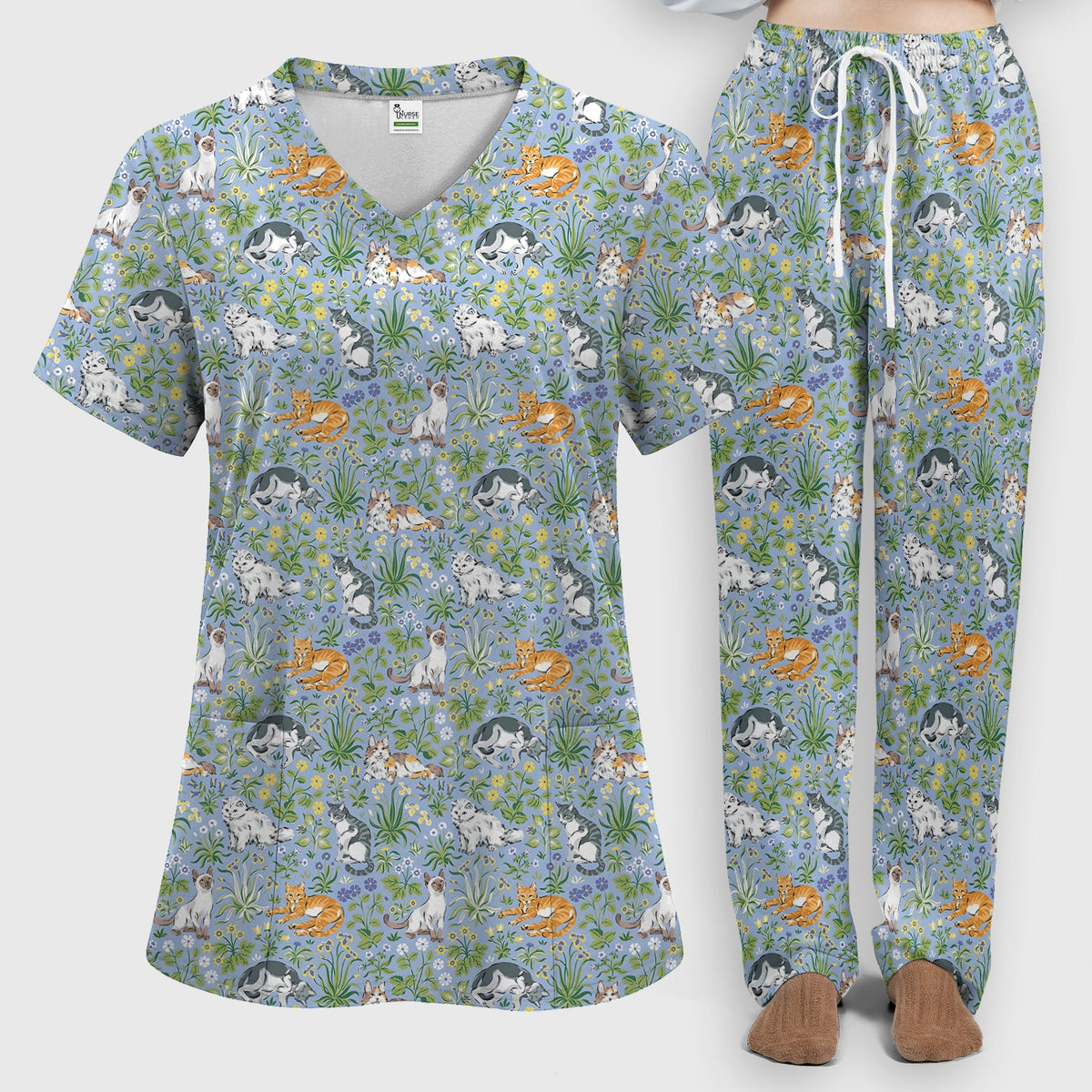 Floral Cat Garden Nurse Scrub Set