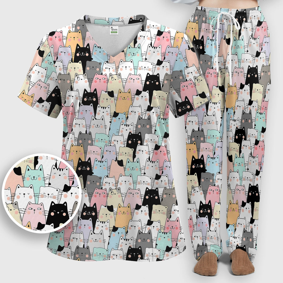 Cartoon Cat Crowd Nurse Scrub Set