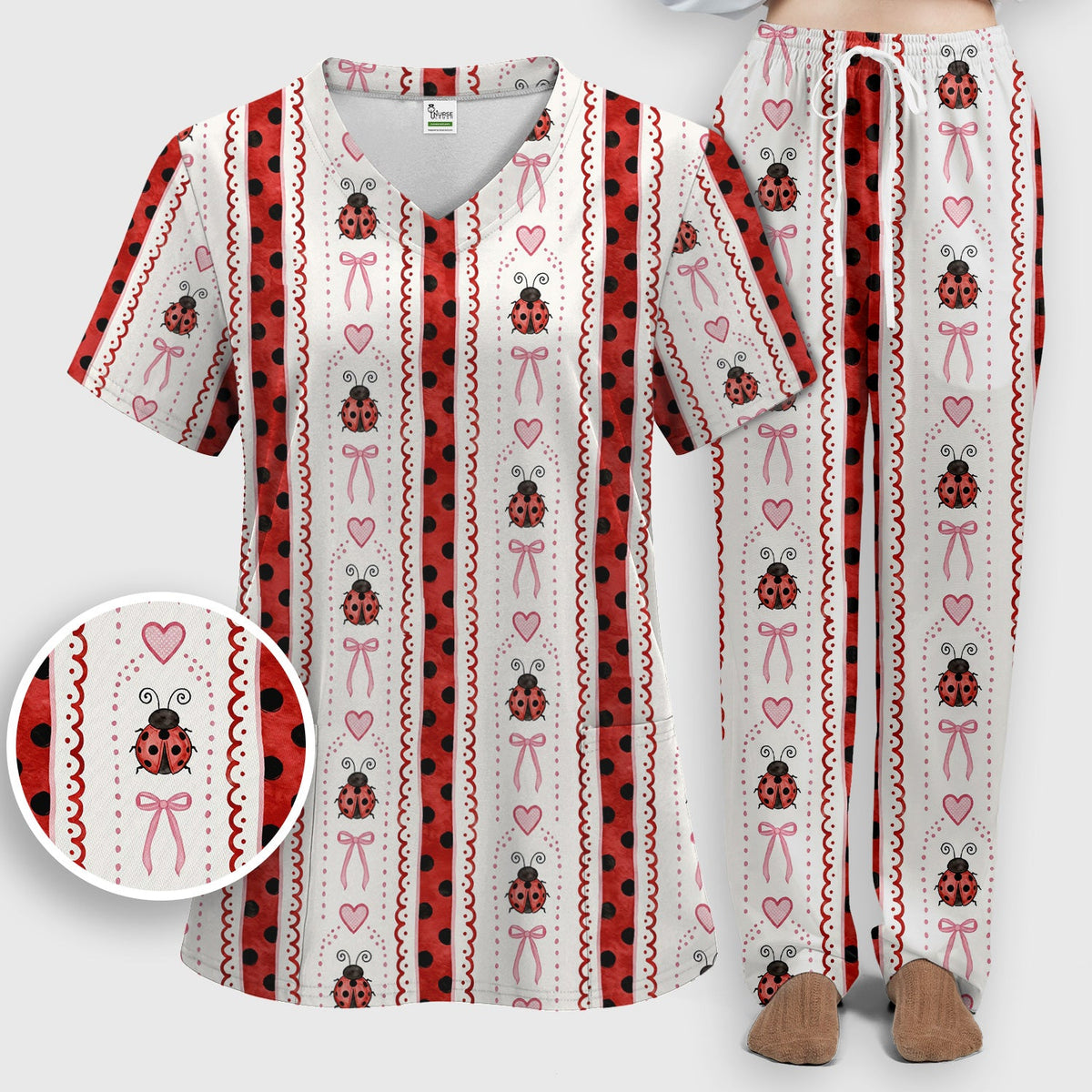 Ladybug Heart Bow Stripe Nurse Scrub Set