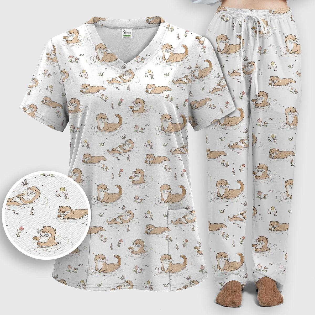 Otter Swimming Floating Water Nurse Scrub Set