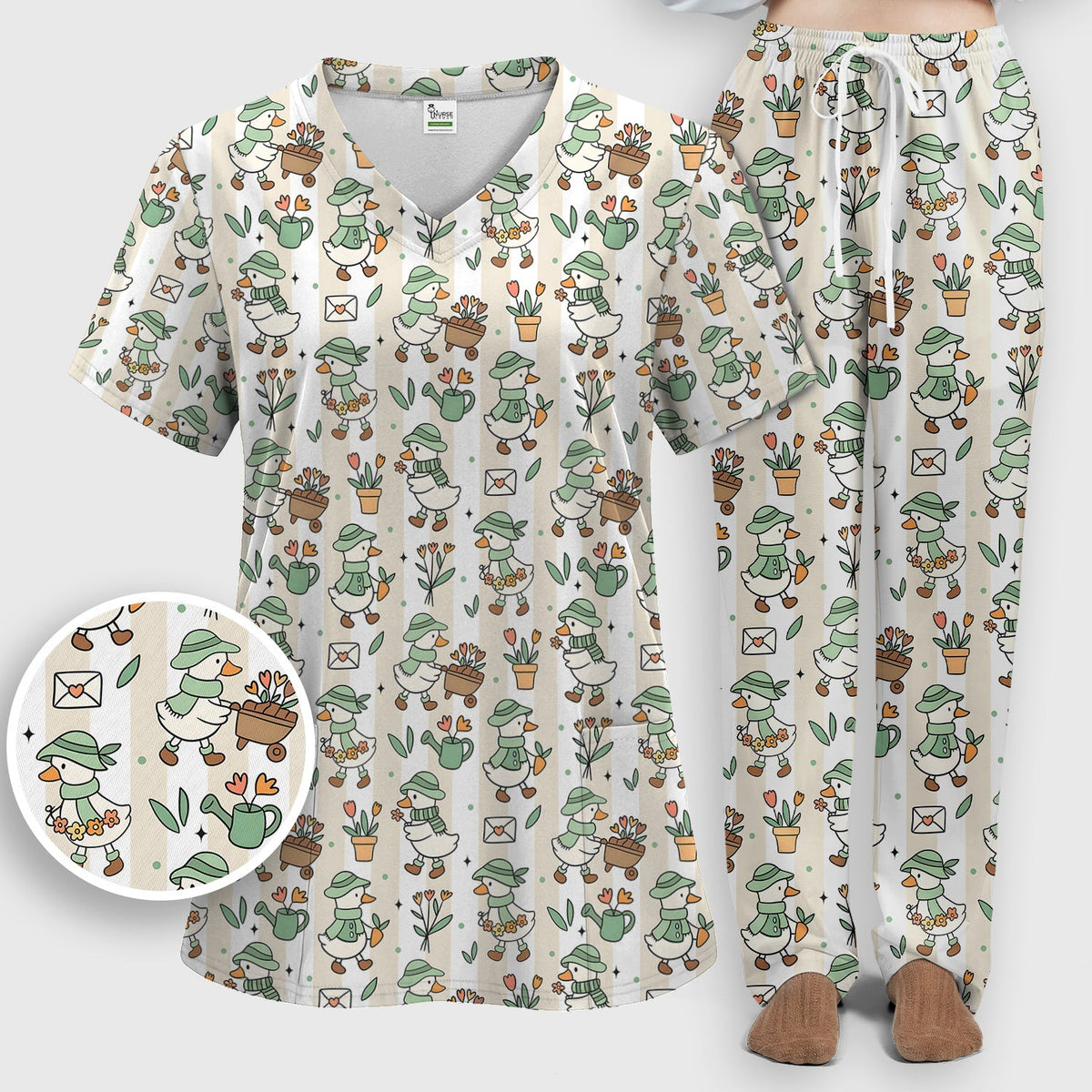 Gardening Duck Floral Nurse Scrub Set