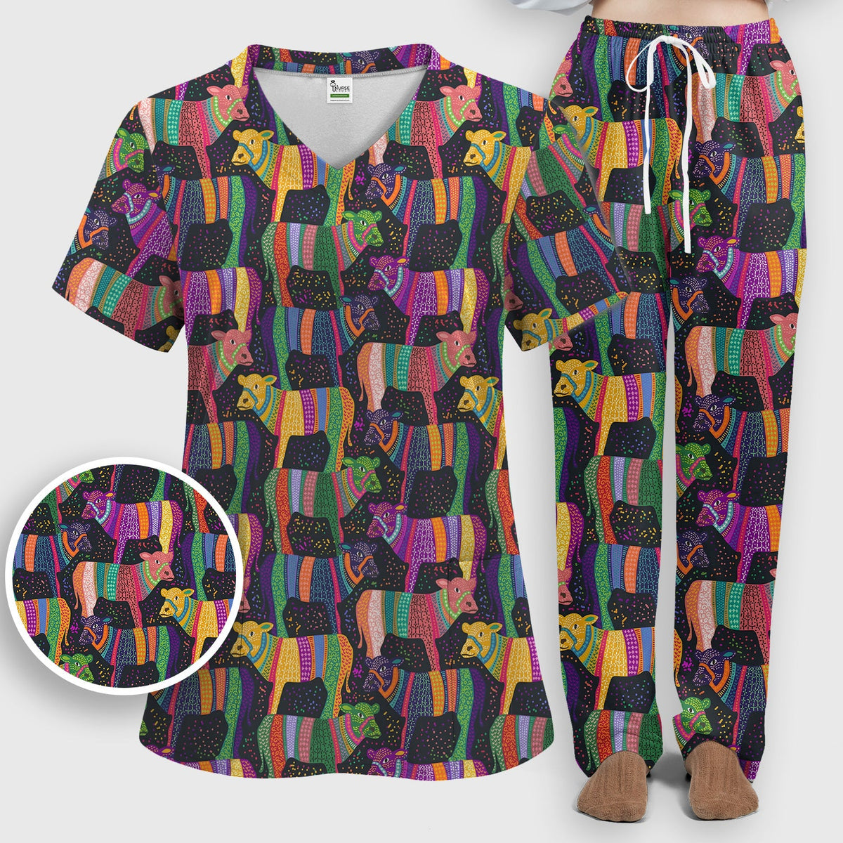 Vibrant Patchwork Rainbow Cow Nurse Scrub Set