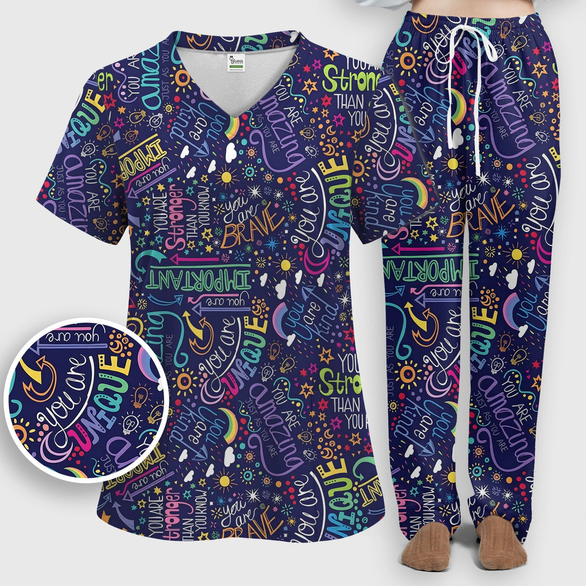 Inspirational Quote Pattern Scrub Set, Scrub Pants and V Neck Top