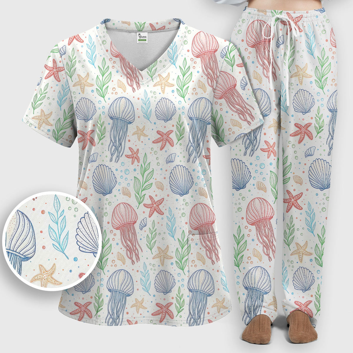 Ocean Jellyfish Starfish Seashell Nurse Scrub Set