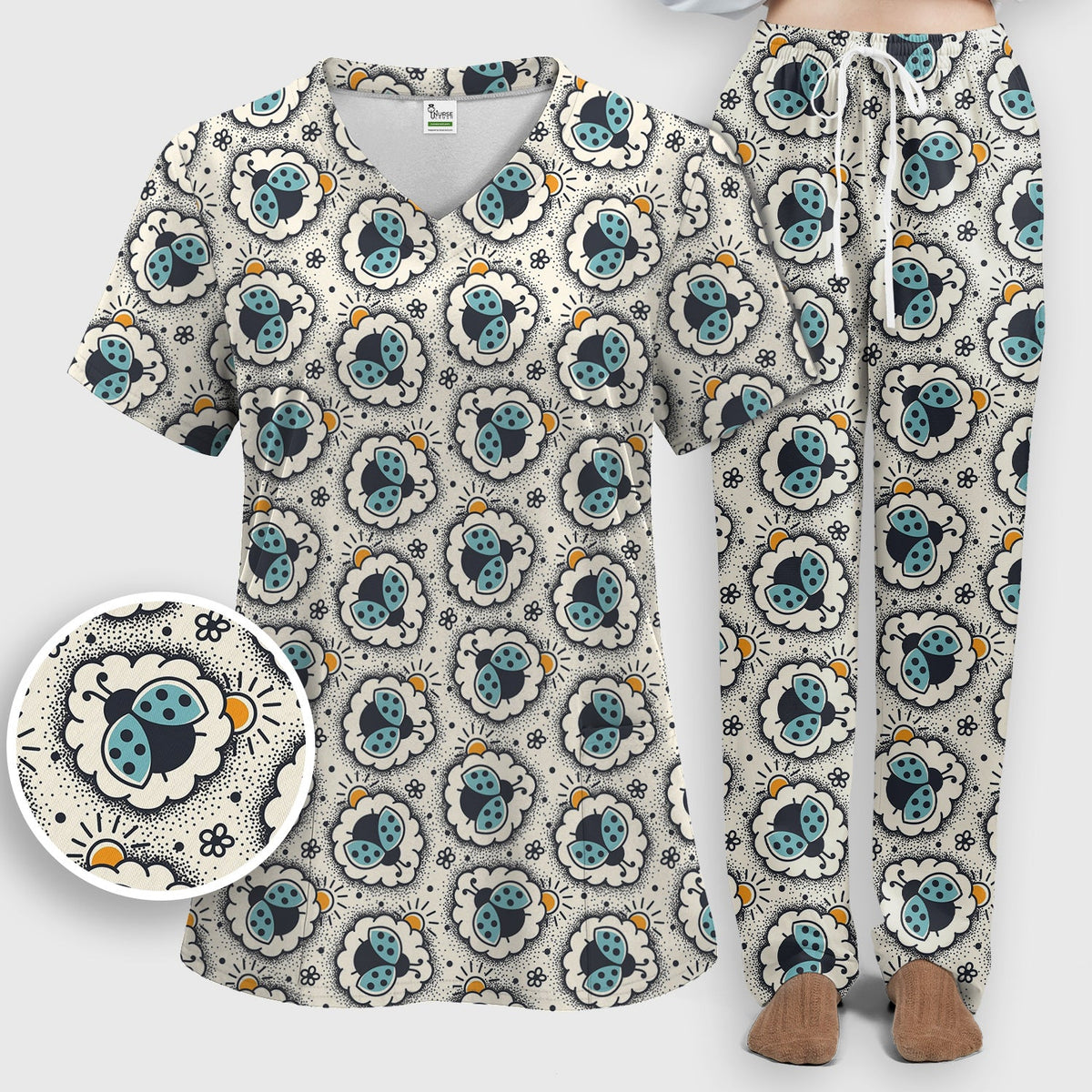 Ladybug Floral Frame Nurse Scrub Set