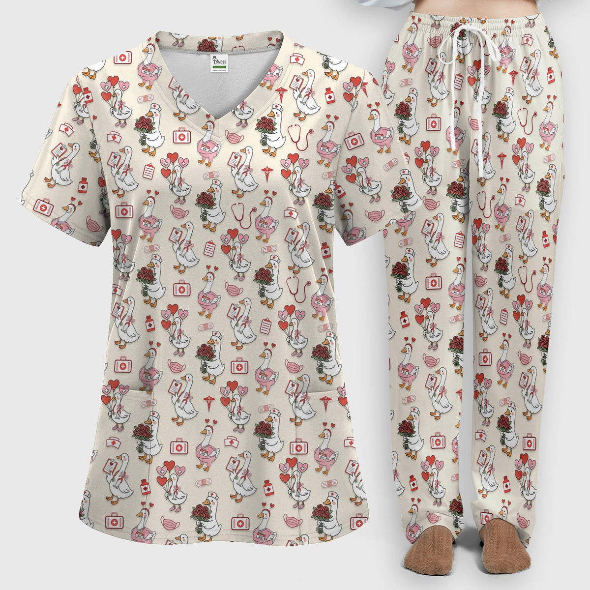 Cute Goose Nurse Medical Pattern Scrub Set, Women's Scrub Sets