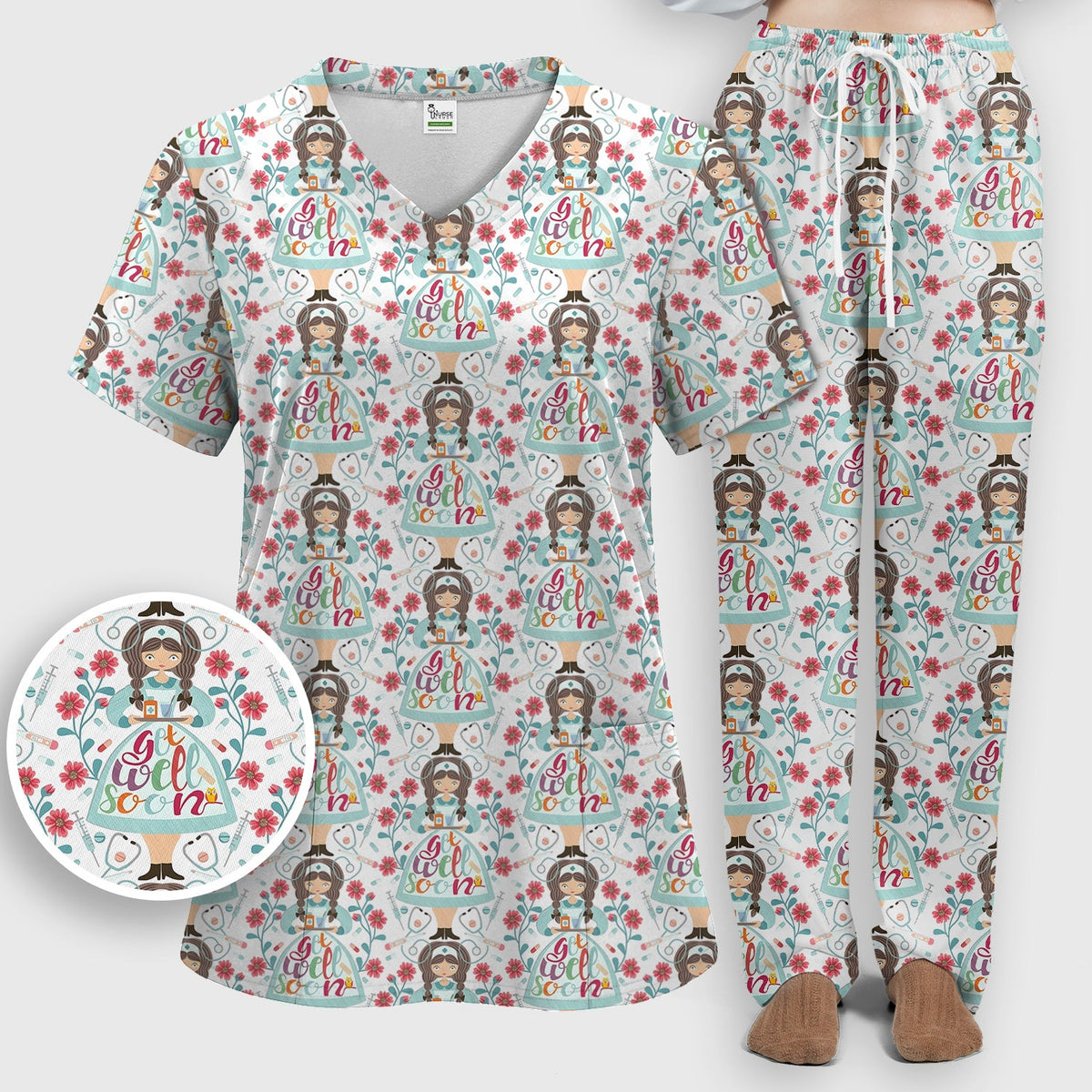 Get Well Soon Girl Floral Nurse Scrub Set