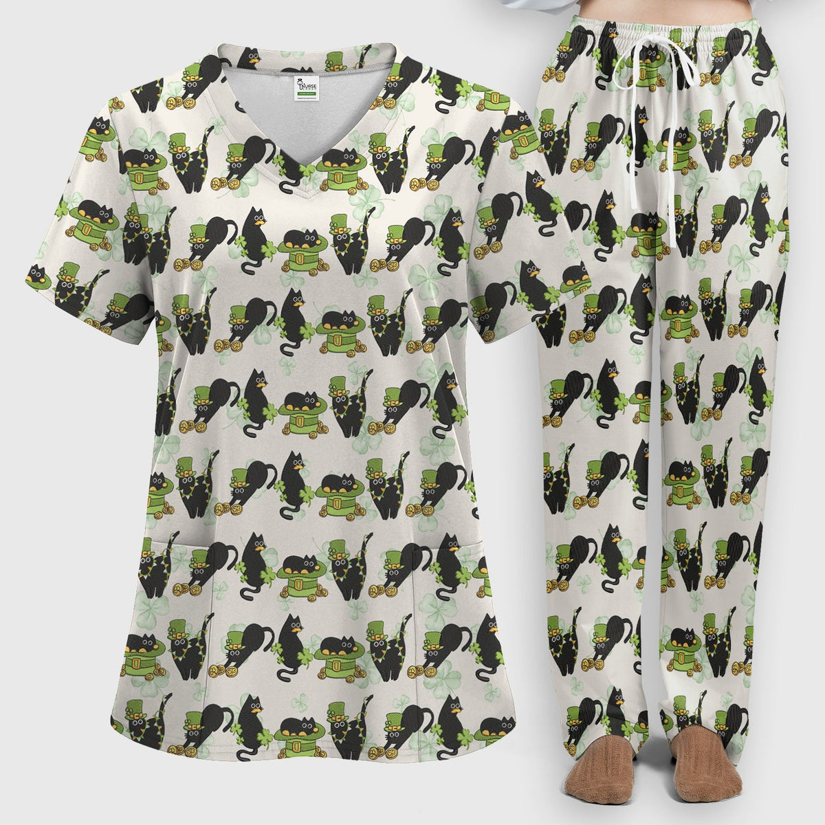 St Patrick Black Cat Clover Nurse Scrub Set