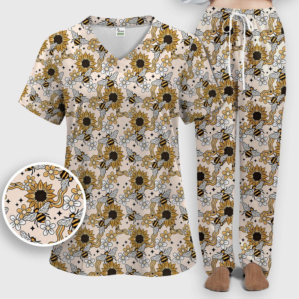 Sunflower Honey Bee Floral Nurse Scrub Set