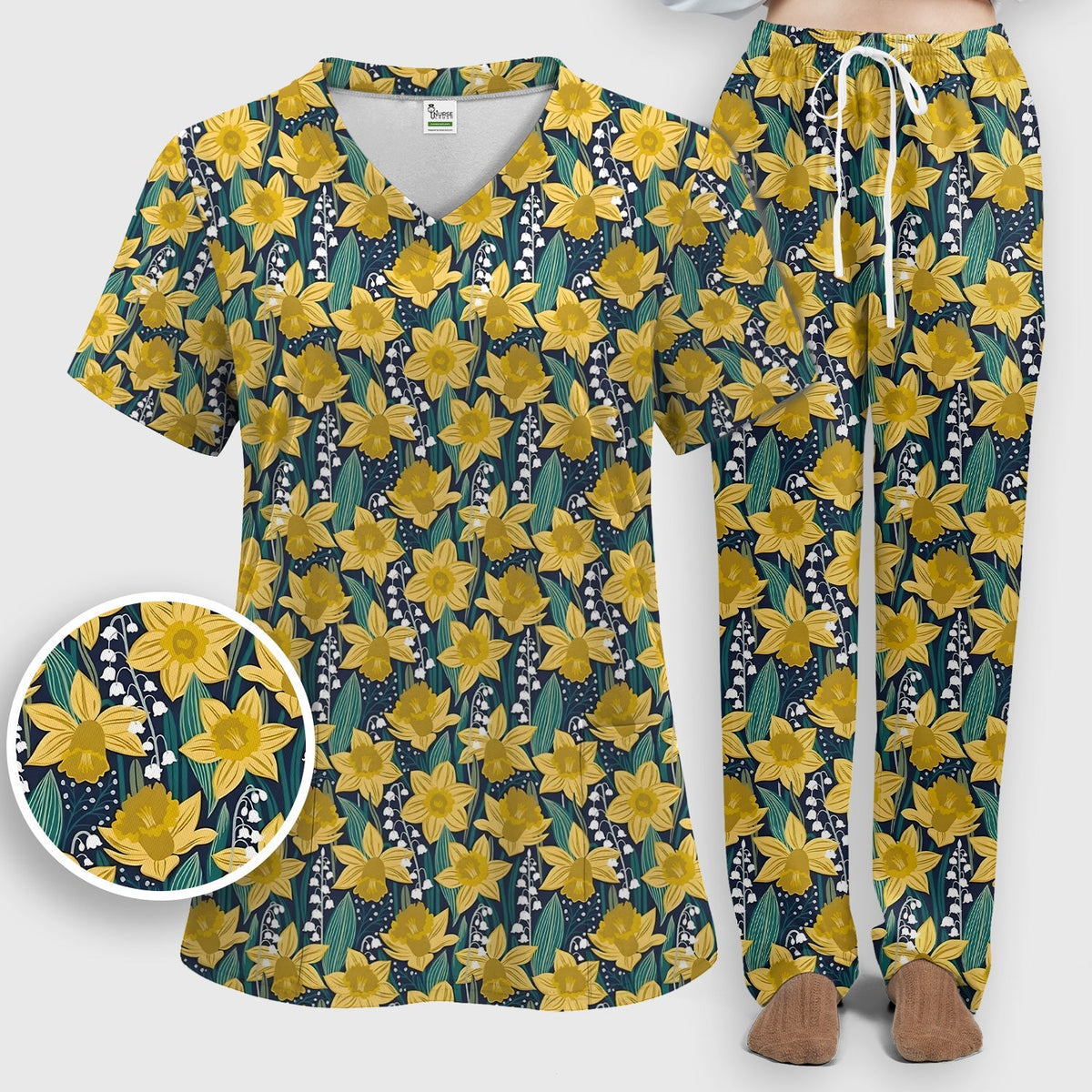 Yellow Daffodil Lily Valley Nurse Scrub Set