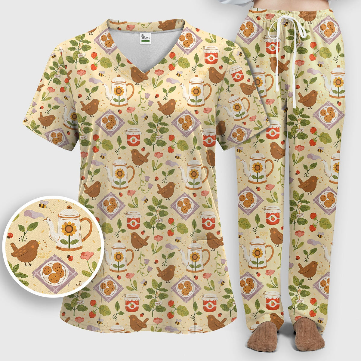 Garden Tea Bird Strawberry Nurse Scrub Set