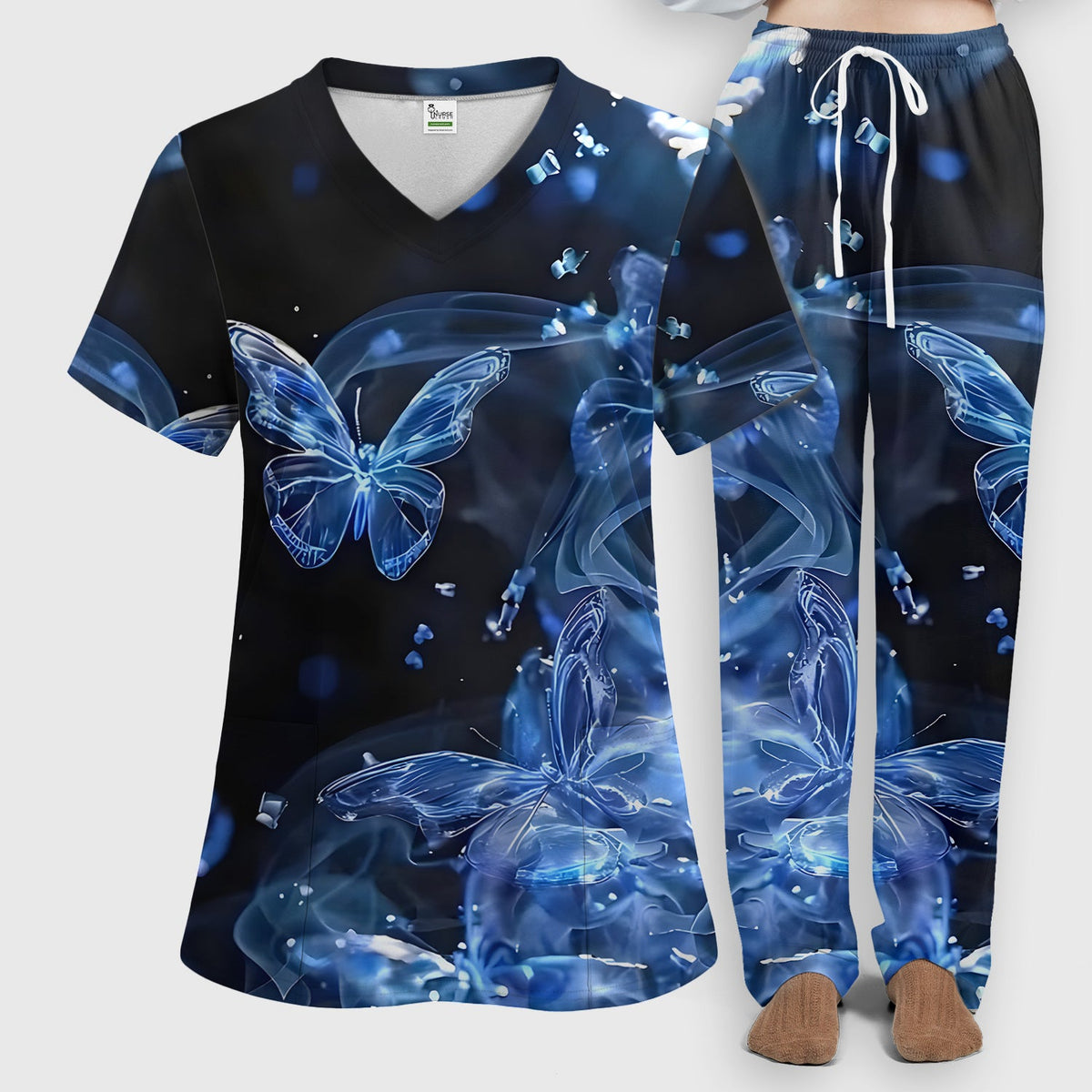 Glowing Blue Butterfly Garden Nurse Scrub Set