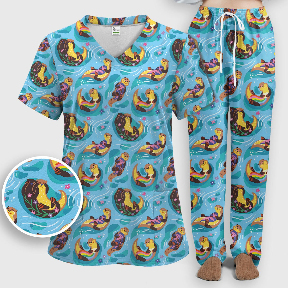 Otter Floating River Rainbow Nurse Scrub Set