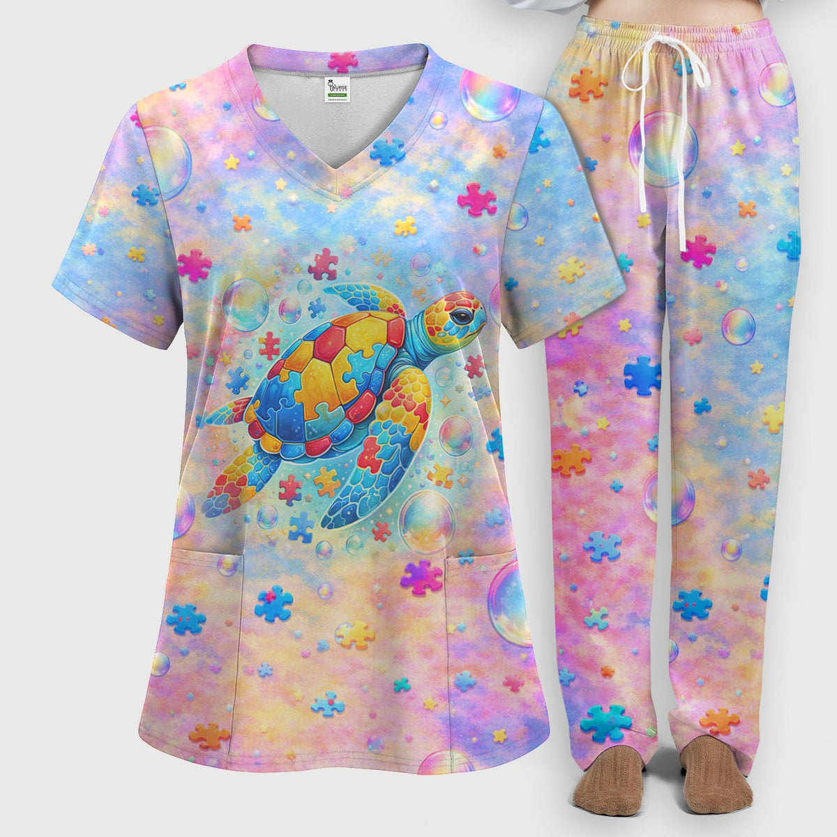 Autism Puzzle Sea Turtle Pastel Rainbow Nurse Scrub Set