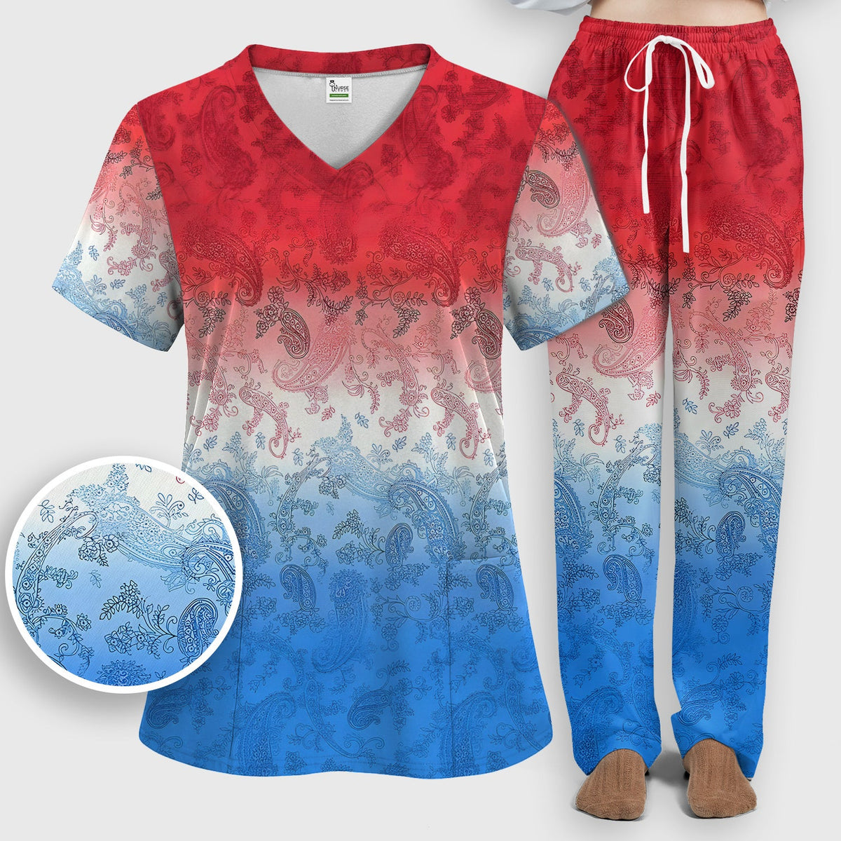 Red Blue Paisley Ombre Nurse Scrub Set