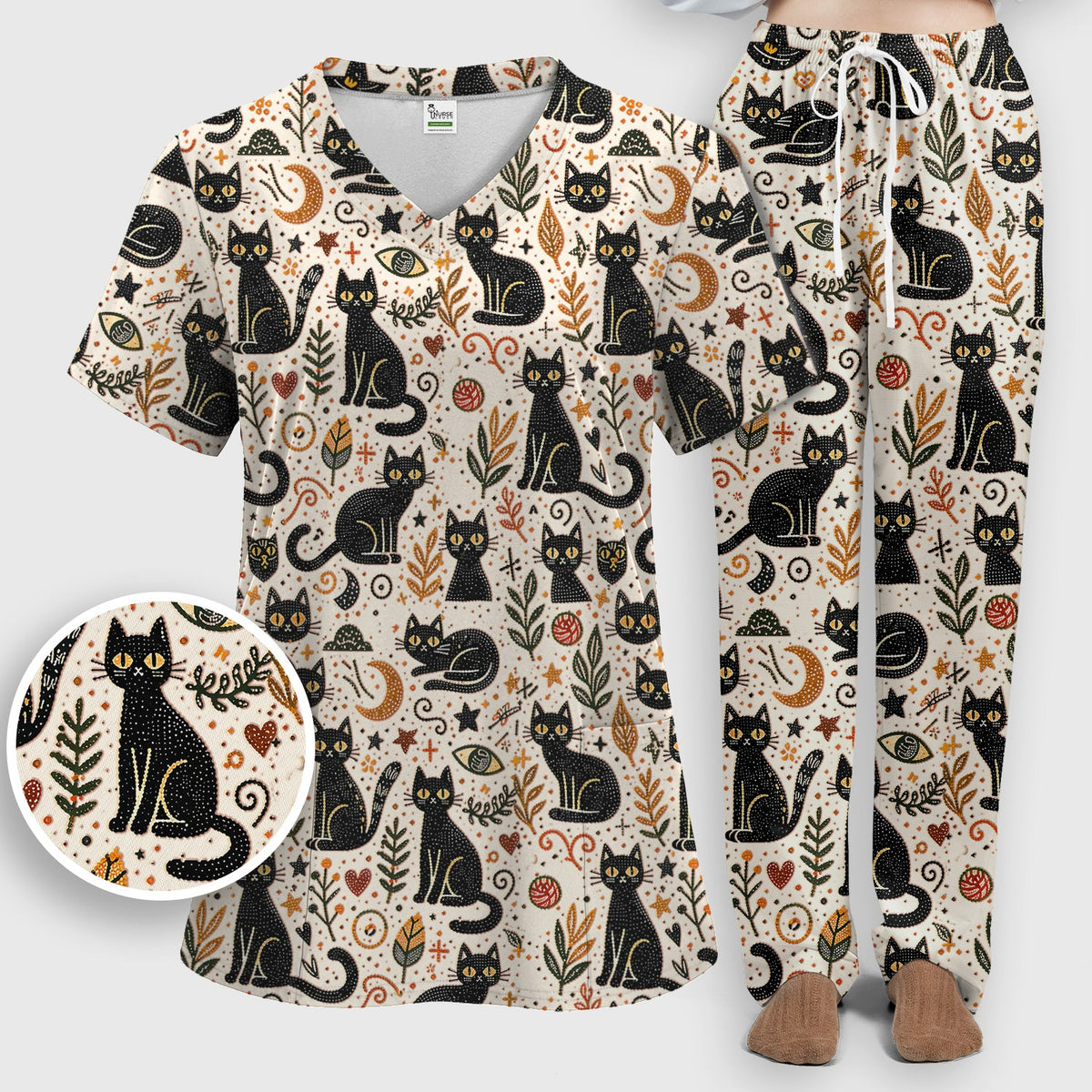 Mystic Black Cat Celestial Nurse Scrub Set