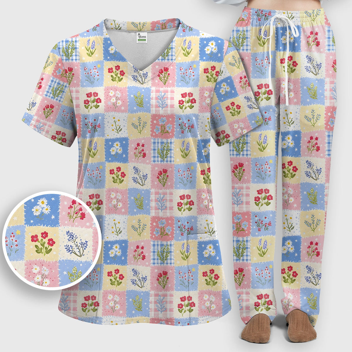 Pastel Patchwork Wildflower Garden Nurse Scrub Set