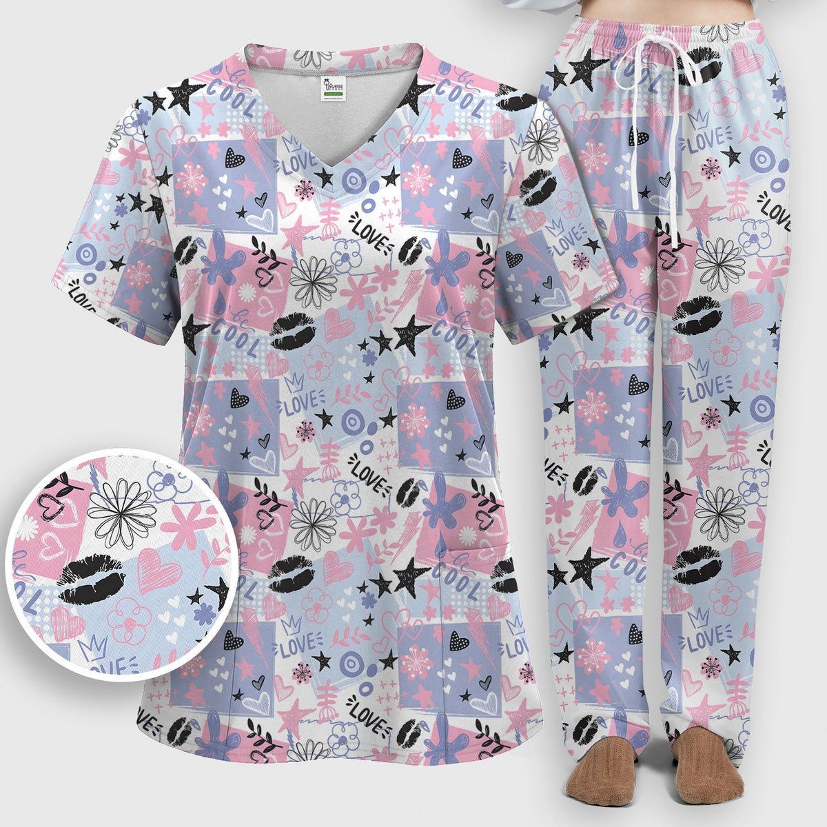Love Hearts Doodle Nurse Scrub Set