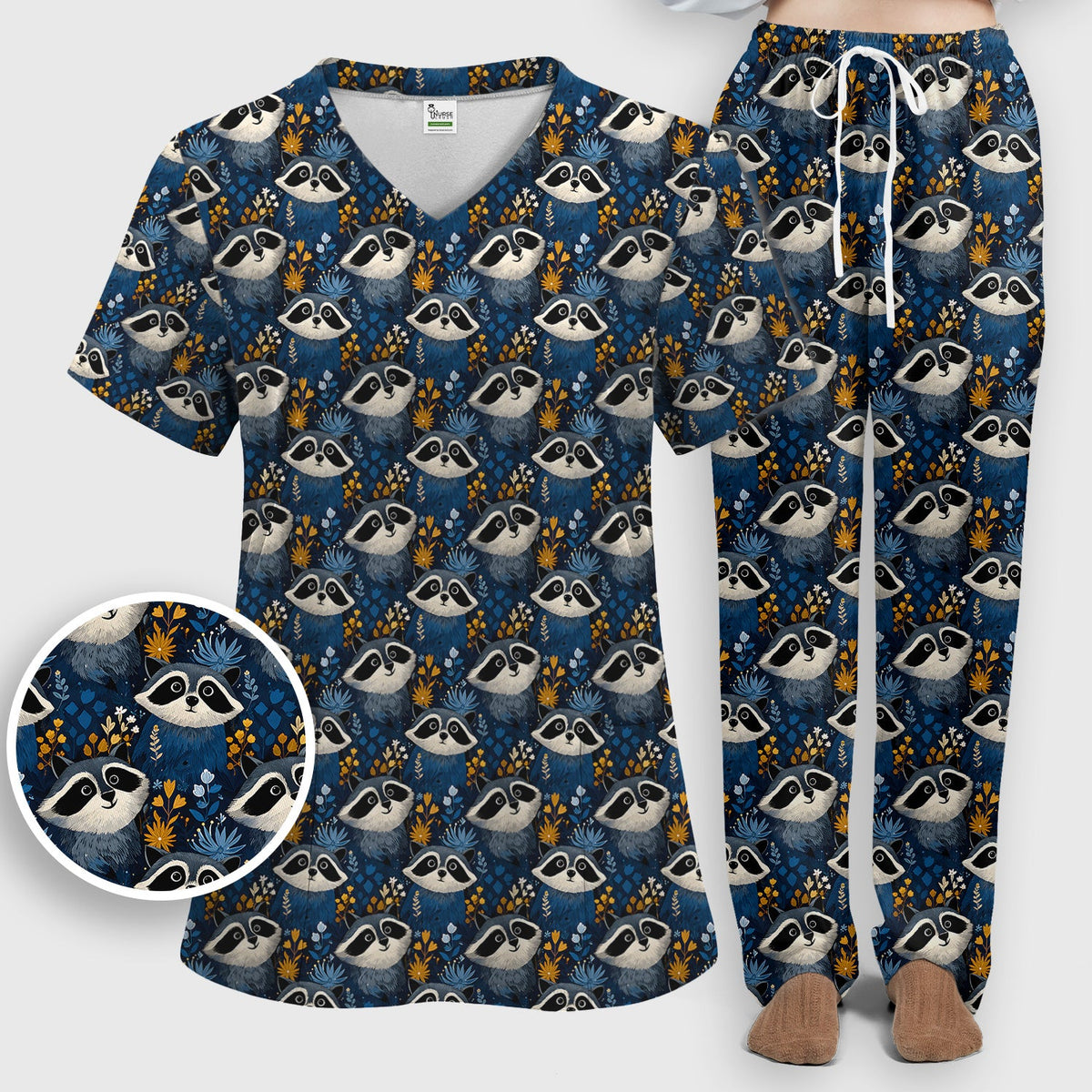 Raccoon Blue Floral Forest Nurse Scrub Set