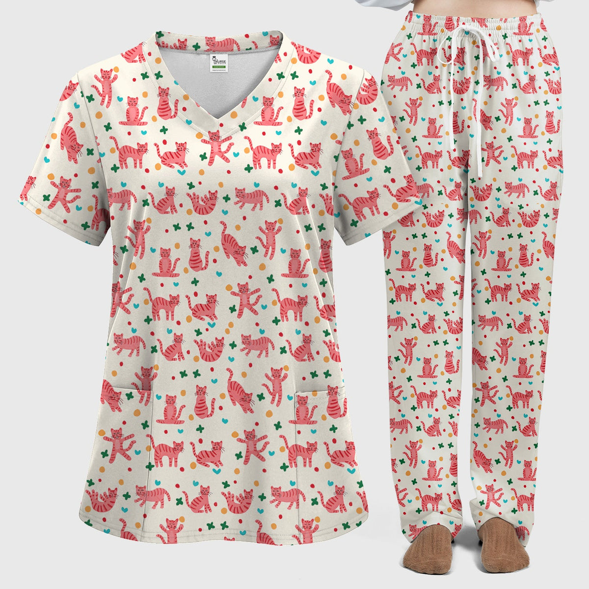 Pink Cat Nurse Scrub Set