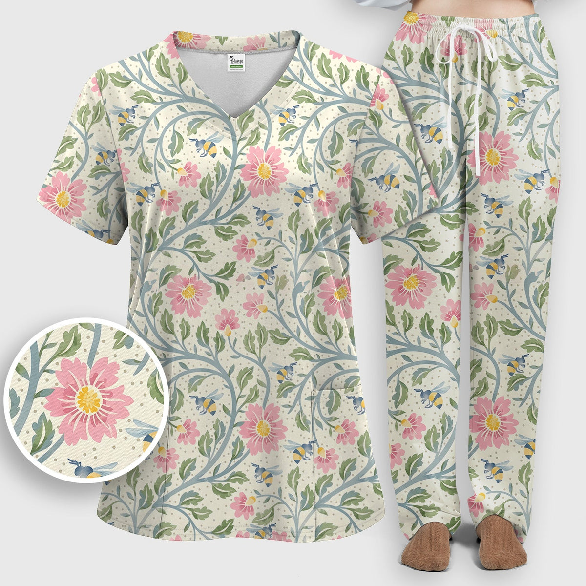 Floral Bee Garden Nurse Scrub Set