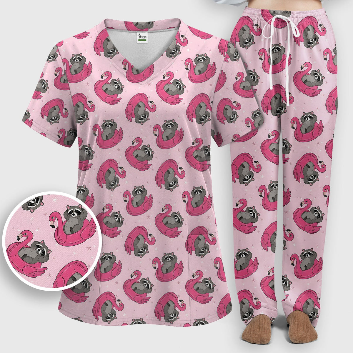 Raccoon Flamingo Float Nurse Scrub Set