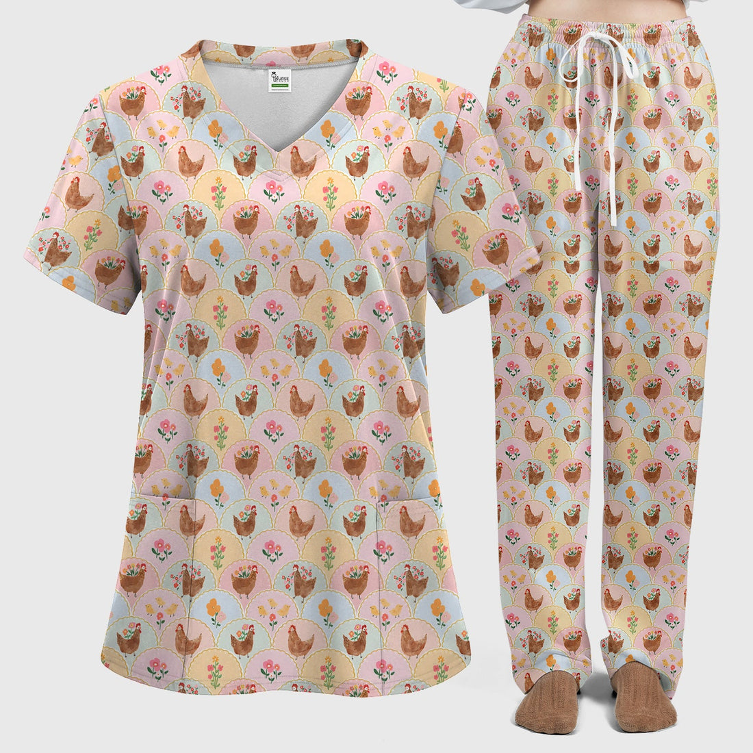 Pastel Chicken Floral Nurse Scrub Set