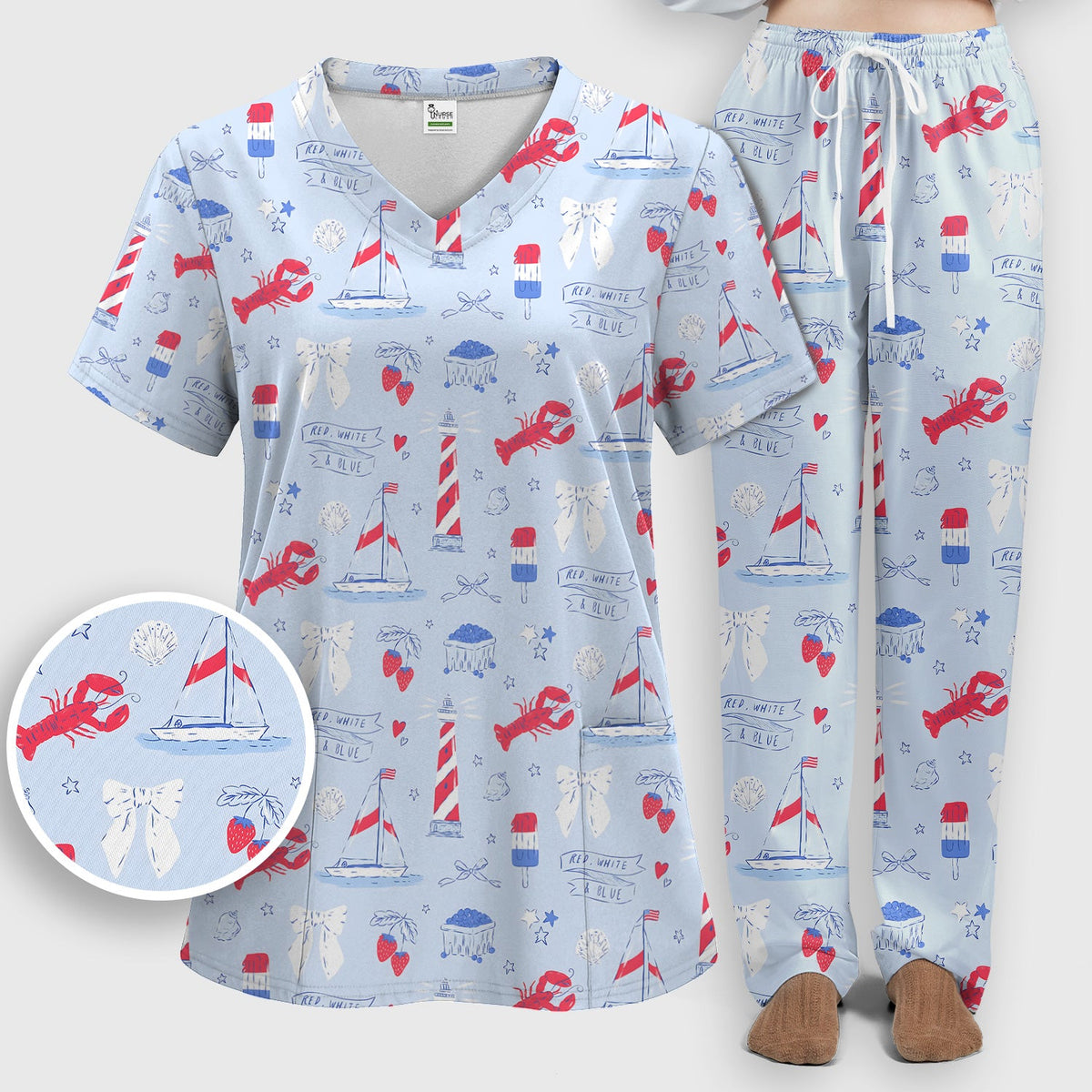 Lobster Lighthouse Sailboat Nurse Scrub Set