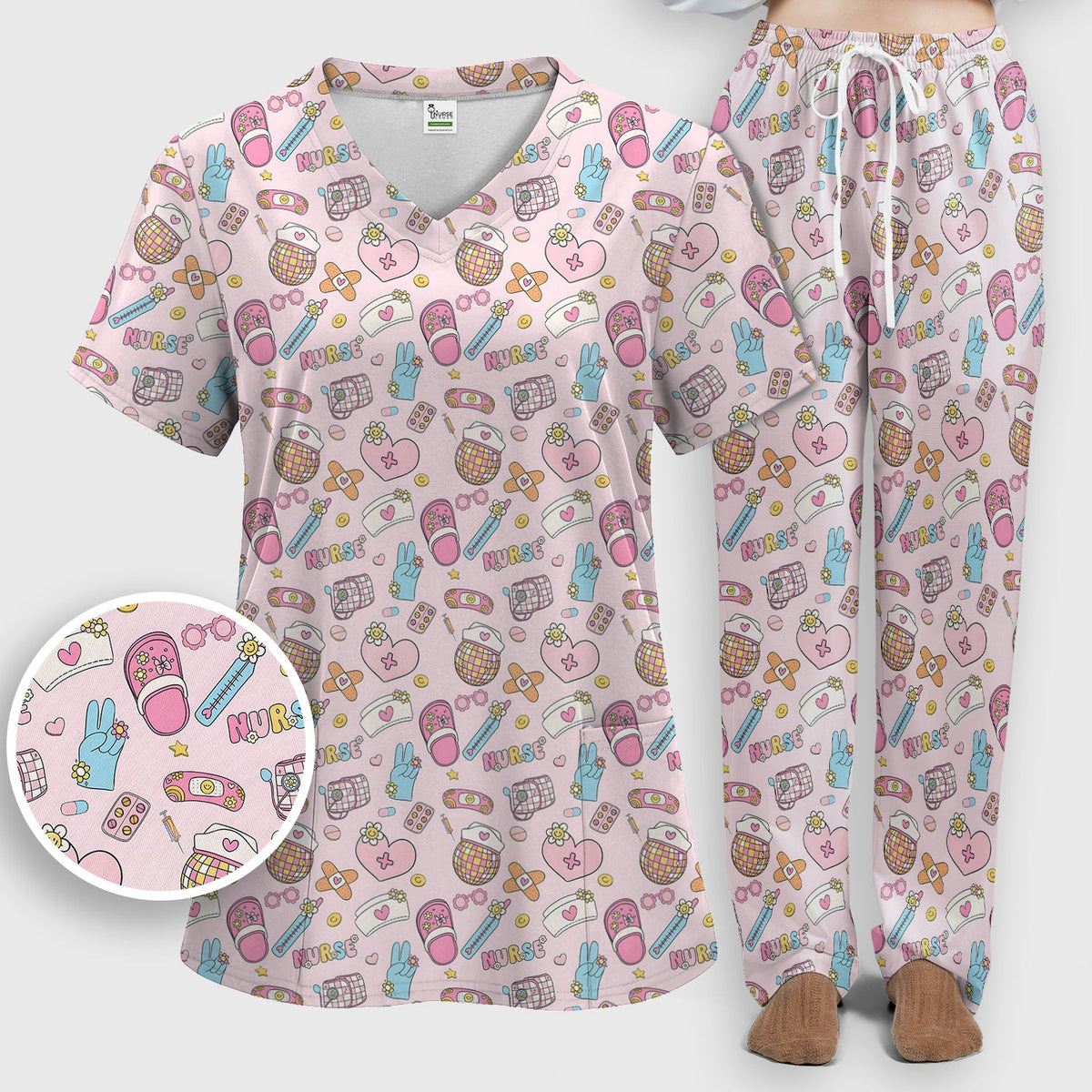 Pink Medical Tools Nurse Scrub Set
