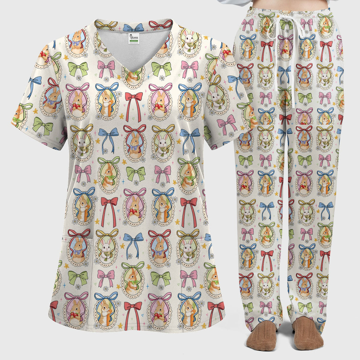Bunny Cameo Bow Nurse Scrub Set - Easter Gift